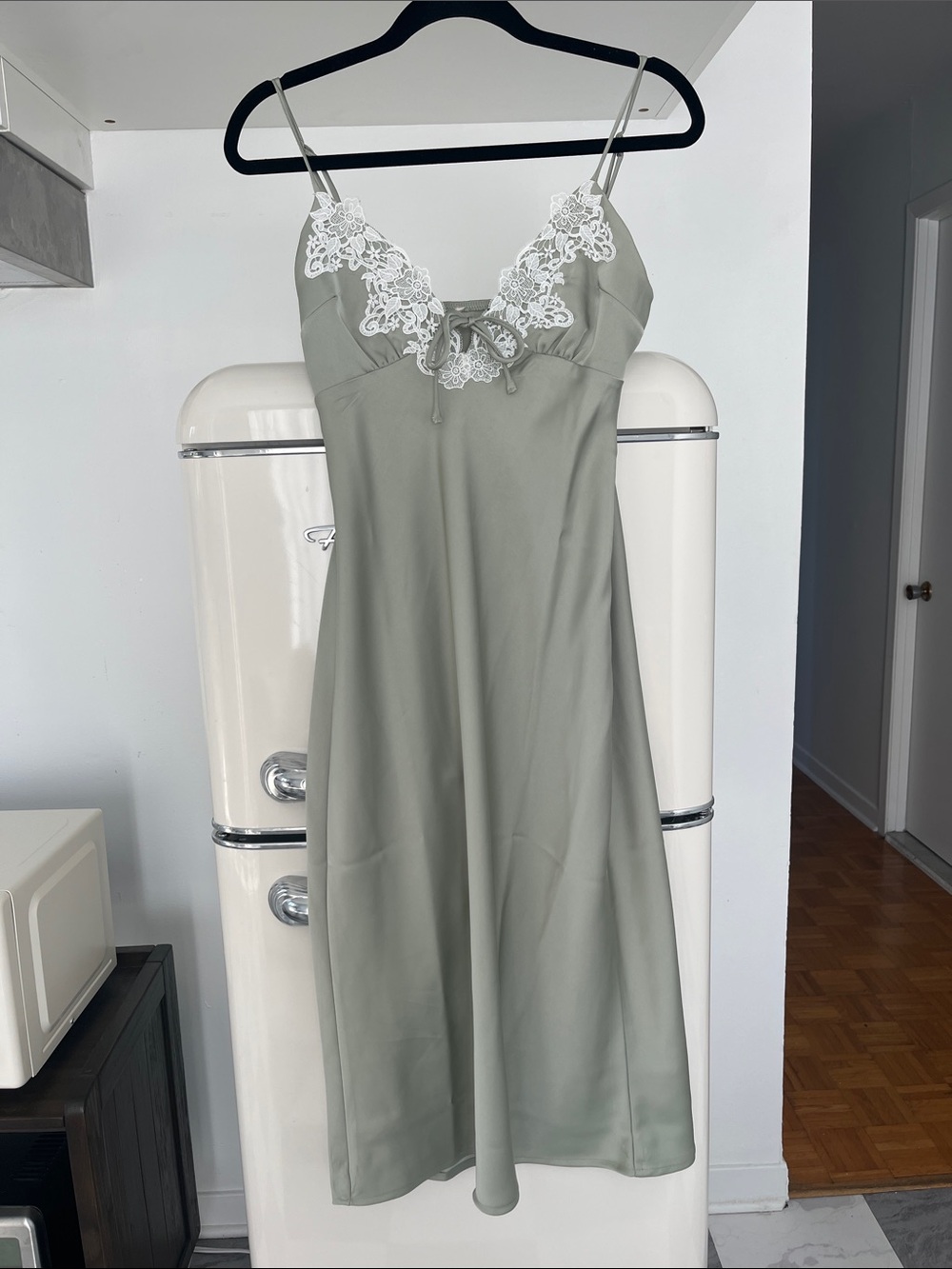 Lace-Trim Slip Midi Dress in Sage Green